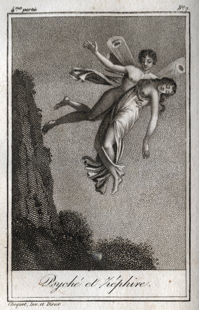 被Zephyr带走的Psyche。1819年的雕版画，载于查尔斯-阿尔伯特-德穆斯特（1760-1801）的 "Lettres a Emilie sur la mythologie"。私人收藏。 作者 匿名匿名