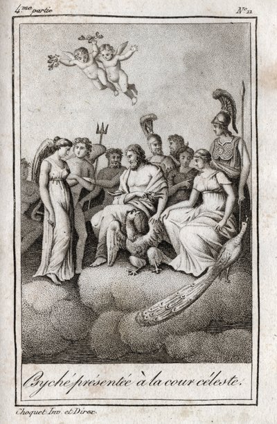 呈现给天庭的赛琪。1819年的雕版画，载于查尔斯-阿尔伯特-德穆斯特（1760-1801）的 "Lettres a Emilie sur la mythologie"。私人收藏。 作者 匿名匿名