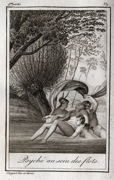 波浪中的赛琪。1819年的雕版画，载于查尔斯-阿尔伯特-德穆斯特（1760-1801）的 "Lettres a Emilie sur la mythologie"。私人收藏。 作者 匿名匿名