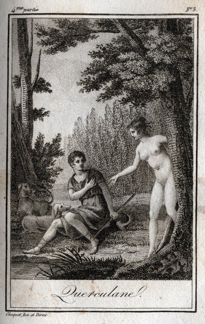 QUERCULANES，若虫，渠道保护者。 查尔斯·阿尔伯特·德穆斯捷 (1760-1801) 于 1819 年在“Lettres a Emilie sur la mythologie”中的雕刻。 私人收藏。 作者 Anonymous Anonymous