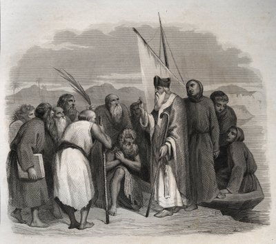 圣亚历山大的亚他那修（亚他那修大帝）（295-373）访问埃及的独居者。1846年在《圣徒传》中的雕刻。私人收藏。 作者 匿名匿名