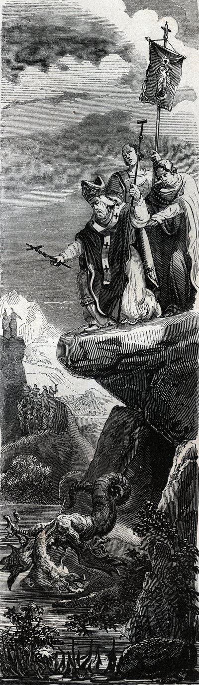 圣前线（佩里戈尔的第一位传道者）（3 世纪）在多尔多涅河中沉淀龙 - 1846 年版画“圣徒的生活””。 私人收藏。 作者 匿名匿名