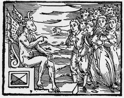 撒旦要求新的巫师签订协议--"Compendium Maleficarum"，涉及女巫、她们的邪恶和她们的财团，由Francesco Maria Guazzo或Guaccio或Guaccius (15?-16?)1608年私人收藏。 作者 匿名匿名