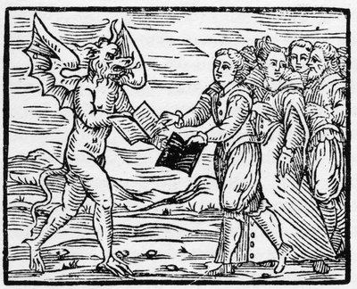 撒旦向追随者赠送一本黑书，以换取《福音书》--"Compendium Maleficarum"，涉及女巫、她们的不幸和她们的慈善事业，作者是弗朗西斯科-玛丽亚-瓜佐或瓜乔或瓜乔（15？ -16？ 作者 匿名匿名