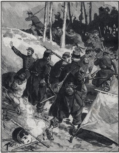 埃米尔-左拉（1840-1902）的小说《大溃败》的场景。1892年2月28日在 "Le petit parisien "的雕刻。私人收藏 作者 匿名匿名