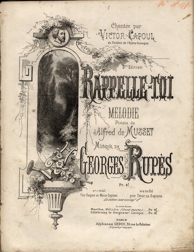 Georges Rupes根据Aldre de Musset的诗歌创作的 "remember-se "旋律的乐谱。私人收藏。 作者 匿名匿名