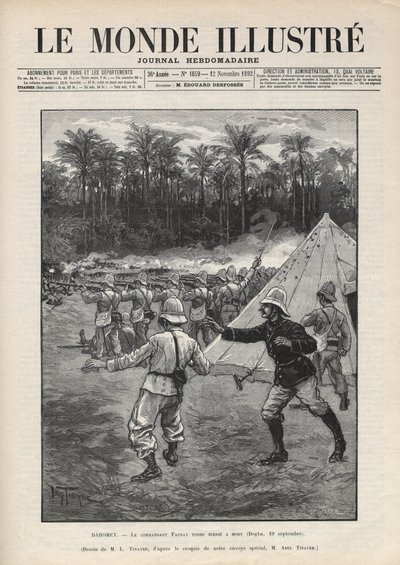 第二次达荷美战争（1892-1894）：1892年9月19日在达荷美（现在的贝宁）的多格巴战役中，法国指挥官福拉克斯死亡。一份报纸。1892年 "Le monde illustrstree "中的雕版画。私人收藏。 作者 匿名匿名