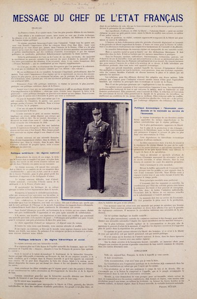 Second World War and Vichy regime: message from the French head of state Philippe Petain published following the armistice signed by France in June 1940 and presenting the programme of the National Revolution, autumn 1940. Private Collection 作者 匿名匿名