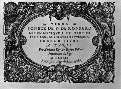 法国诗人皮埃尔-德-隆萨（1524-1585）的十四行诗第二卷，由纪尧姆-波尼配乐。巴黎 1579年 作者 匿名匿名