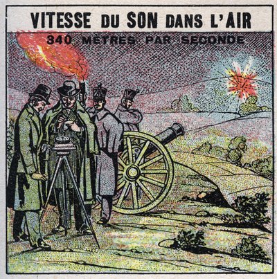 声能：空气中的声速。1822年路易斯-约瑟夫-盖-吕萨克（Louis Joseph Gay Lussac）（1778-1850）和弗朗索瓦-阿拉戈（1786-1853）的经验，他们在蒙特勒里和维勒尤夫之间进行了一系列的炮击。1925年的匿名插图 作者 匿名匿名