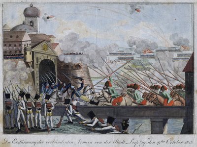 盟军对莱比锡市的猛攻 - 莱比锡战列舰 ou bataille des Nations (16-19 sctobre 1813) - 匿名 - 1813 年 - 蚀刻，水彩 - 33,3x27 - 私人收藏 作者 匿名匿名