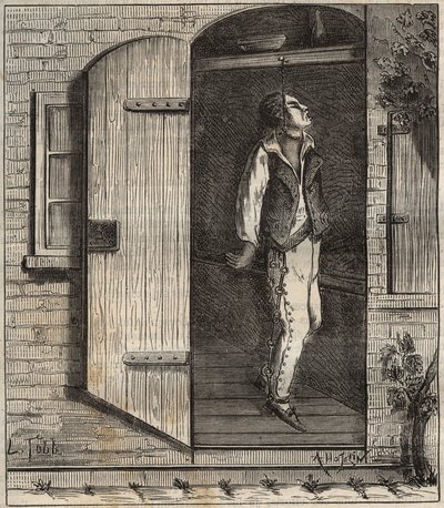 1840年在罗什福尔巴格内自杀。皮埃尔-扎科内（1817-1895年）在《从创建到现在的袋子史》（1877年）中的雕刻（Colonia Penale--刑罚殖民地）。私人收藏。 作者 匿名匿名