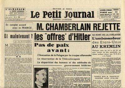 1939年10月13日《斯密特日报》内维尔-查伯伦（1869-1940）拒绝了阿道夫-希特勒的提议。 作者 匿名匿名