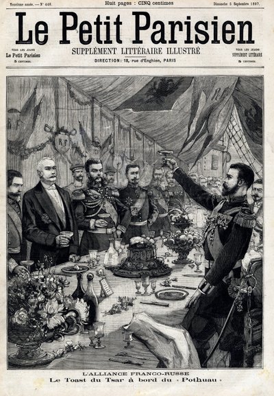 法俄联盟：沙皇尼古拉二世（1868-1918）为法国总统费利克斯-福尔（1841-1899）在Pothau号上敬酒。在1897年9月5日的 "小巴黎人 "上。私人收藏 作者 匿名匿名