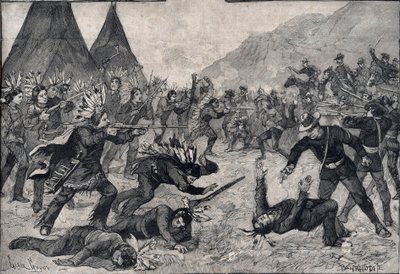 美国的印第安人起义：苏族印第安人和美国军队之间的战斗。1891年 "小巴黎人 "中的版画。私人收藏。 作者 匿名匿名