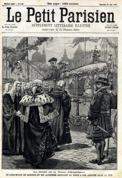 英国维多利亚女王的庆典：伦敦市长霍雷肖-戴维斯（1819-1901）和他的市议员们迎接女王抵达伦敦。在1897年6月27日的 "小巴黎人 "杂志上。私人收藏 作者 匿名匿名