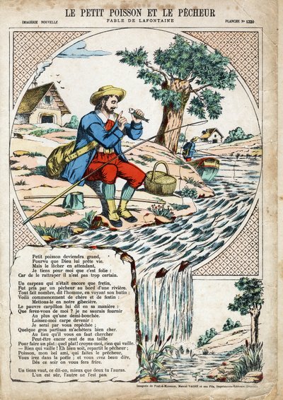 小鱼和渔夫。Jean de LA FONTAINE (Lafontaine) (1621-1695)为《寓言》所作的匿名插图。蓬莱阁的图像，约1880年。私人收藏。 作者 匿名匿名