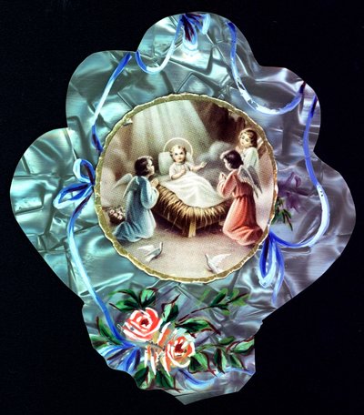 The Nativite. The child Jesus surrounds angels Pious image. Dentelee postcard. Private Collection 作者 匿名匿名