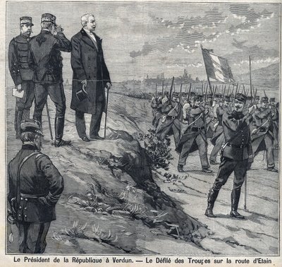 共和国总统费利克斯-福尔（1841-1899）访问凡尔登（默兹）：埃廷路军校的隘口。刊登在 "巴黎人报 "上的版画 作者 Anonymous Anonymous