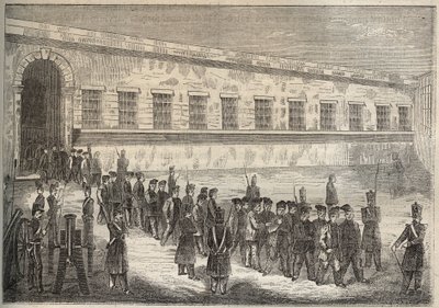 19世纪的罗什福尔的袋子。雕刻在 "Histoire des bagnes depuis leur création à nos jours"（1877年）中，作者是Pierre Zaccone（1817-1895年）（Colonia Penale-刑罚殖民地）。私人收藏。 作者 匿名匿名