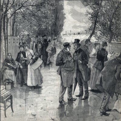 巴黎码头岸边的书本漫步。1892年10月30日在 "Le petit parisien "上的雕刻。私人收藏 作者 匿名匿名
