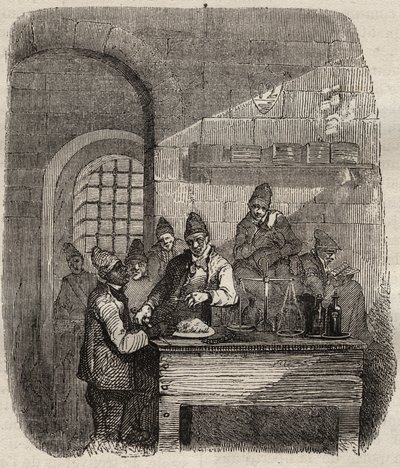 19世纪的布雷斯特监狱的食堂。皮埃尔-扎科内（Pierre Zaccone）（1817-1895年）在 "Histoire des bagnes depuis leur création to nos jours"（1877年）中的雕刻（Colonia Penale-刑罚殖民地）。私人收藏。 作者 匿名匿名