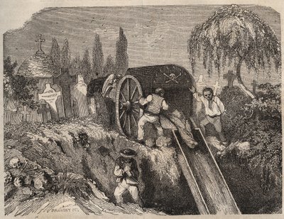 19世纪的布雷斯特巴格内公墓。皮埃尔-扎科内（Pierre Zaccone）（1817-1895）在 "Histoire des bagnes depuis leur création to nos jours"（1877）中的雕刻（Colonia Penale-刑罚殖民地）。私人收藏。 作者 匿名匿名