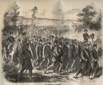 该链条始于19世纪的土伦巴格内。雕刻在 "Histoire des bagnes depuis leur création à nos jours"（1877年）中，作者是Pierre Zaccone（1817-1895）（Colonia Penale-刑罚殖民地）。私人收藏。 作者 匿名匿名