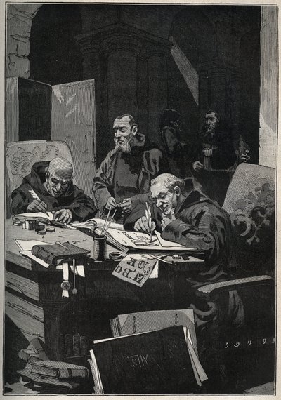 The chrysograph: copistee monks carrying out illuminations in gold letters in the middle ages. Engraving from 1885 in “” Les arts et metiers illustres”” by Adolphe BITARD. 作者 匿名匿名