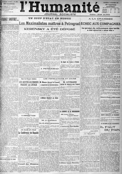The coup in Russia on the headlines of the socialist newspaper “Humanity””. Headlines:”” The Masters Maximalists in Petrograd””, “” Kerensky was deposited””” (Kerenski), The 9/11/1917. 作者 匿名匿名