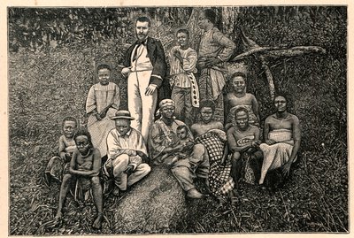 探险家Pierre Savorgnan of Brazza (1852-1905)和一群来自加蓬Two Guineas（两几内亚）教区的土著人。路易-尤金(Louis Eugene)-卢韦(Louvet)在 "Les Missions Catholiques au XIXeme Siecle "中的版画。 作者 匿名匿名