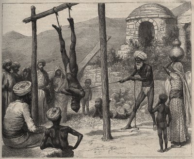 印度的苦行僧 - 印度的苦行僧 (Faquir) - 被双脚挂在木条上 - 雕刻于 1892 年的“航海日志”。 作者 匿名匿名