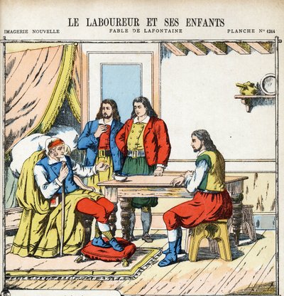 耕牛和他的孩子们。Jean de LA FONTAINE (Lafontaine) (1621-1695)为《寓言》创作的匿名插图。庞德穆松的图像，约1880年。私人收藏。 作者 匿名匿名