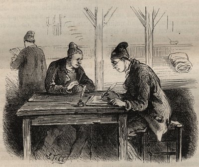 19世纪在土伦巴格内的公共作家。皮埃尔-扎科内（Pierre Zaccone）（1817-1895）在 "Histoire des bagnes depuis leur création à nos jours"（1877）中的雕刻（Colonia Penale-刑罚殖民地）。私人收藏。 作者 匿名匿名