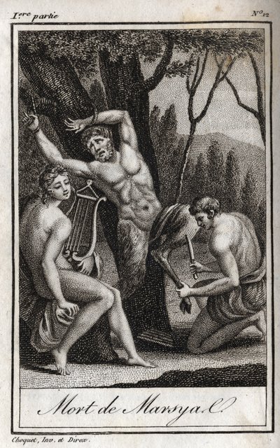 马西亚斯的惩罚》（The Punishment of Marsyas）因藐视阿波罗的琴声而受到惩罚，在米达斯国王和缪斯女神面前被弓箭手阻挡。1819年的雕版画，载于查尔斯的 "Lettres a Emilie sur la mythologie "中。 作者 匿名匿名
