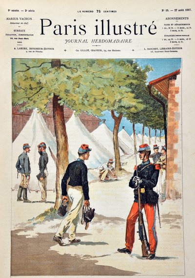 圣西尔（Saint Cyr）学校的学生在夏隆营地。1887年在 "巴黎画报周刊 "上的版画。 作者 匿名匿名