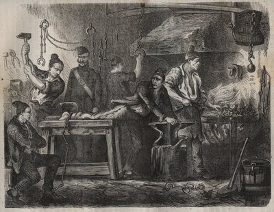 19世纪转移到土伦巴格内的情况。皮埃尔-扎科内（Pierre Zaccone）（1817-1895）在 "Histoire des bagnes depuis leur création à nos jours"（1877）中的雕刻（Colonia Penale-刑罚殖民地）。私人收藏。 作者 匿名匿名