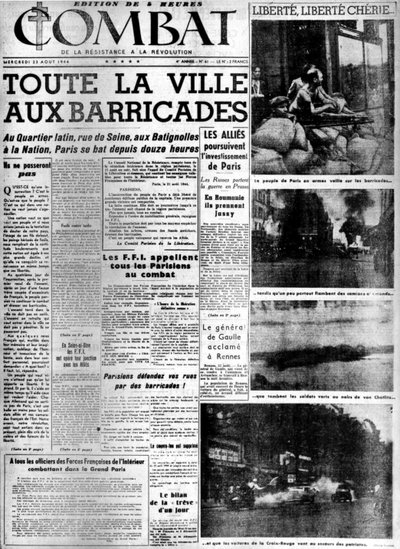 整个城市的街垒：巴黎的解放--载于1944年8月23日的 "战斗 "杂志，领。MDJ Bernard. 作者 匿名匿名