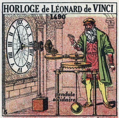 时间：由Leonard de Vinci（达芬奇）（1452-1519）在1490年发明的重量钟。它用一个垂直天平取代了传单。1925年的匿名插图。私人收藏。 作者 匿名匿名