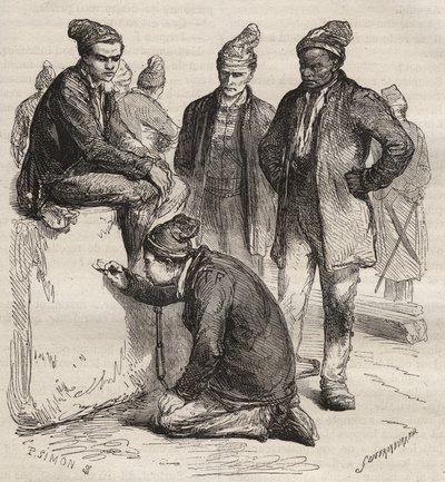 19世纪布雷斯特巴格内的画廊类型。皮埃尔-扎科内（Pierre Zaccone）（1817-1895）在 "Histoire des bagnes depuis leur création à nos jours"（1877）中的雕刻（Colonia Penale-刑罚殖民地）。私人收藏。 作者 匿名匿名