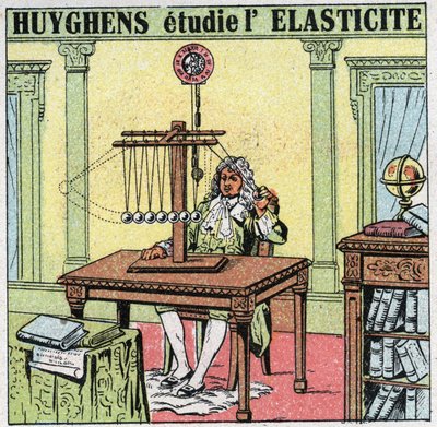 振动运动：Christiaan Huygens (1629-1695) 通过观察象牙珠来研究材料的弹性。 1925 年的匿名插图。私人收藏。 作者 匿名匿名