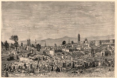亚美尼亚（现为土耳其）的埃尔祖鲁姆（Erzeroum）市的景色。路易-尤金(Louis Eugene)-卢韦在 "Les Missions Catholiques au XIXeme Siecle "中的雕刻，私人收藏。 作者 匿名匿名