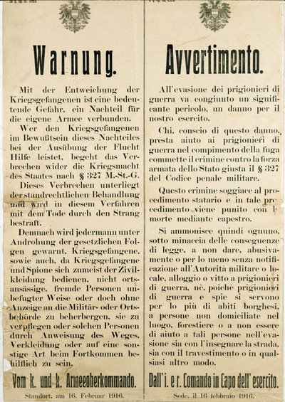 1916 年 2 月 16 日意大利战俘越狱后发出警告，要求奥地利民众不要帮助他们（雕刻 作者 匿名匿名