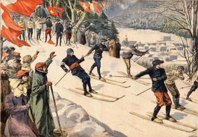 冬季运动。法国阿尔卑斯山上萨瓦省夏莫尼市的滑雪比赛。瑞士和法国的旗帜鼓励滑雪者。来自报纸 "小巴黎人 "的雕版画 作者 匿名匿名