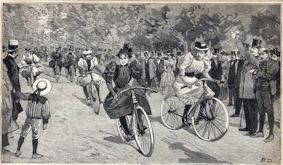 在巴黎附近的布洛涅森林举行的女子自行车赛。1893年6月25日 "小巴黎人 "杂志上的版画。 作者 匿名匿名