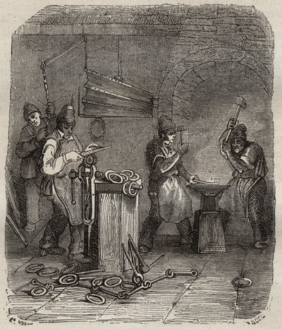 19世纪在罗什福尔巴格内的工人部队。皮埃尔-扎科内（Pierre Zaccone）（1817-1895年）在 "Histoire des bagnes depuis leur création à nos jours"（1877年）中的版画（Colonia Penale-刑罚殖民地）。私人收藏。 作者 匿名匿名