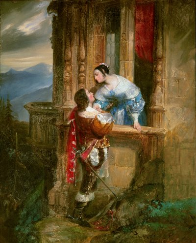 正在求爱的年轻人在他的阳台上有一位女士 威廉莎士比亚（1564-1616）的“罗密欧与朱丽叶”插图。 19 世纪的匿名绘画。 里昂，博物馆美术学院 - 年轻人向年轻女士求爱，阳台场景。 插图为“ 作者 匿名匿名
