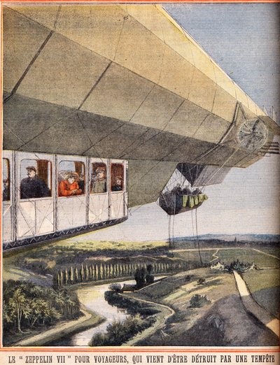 为旅行者服务的齐柏林飞艇七号刚刚被风暴摧毁。1910年7月10日在 "Le petit parisien "的雕刻。私人收藏。 作者 匿名匿名