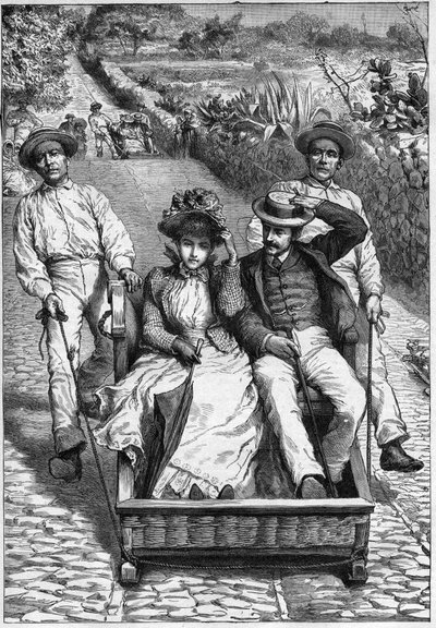 Carros de cesto in Madeira 1893 - Les corinhos (carrieros) a Madere (Madeira) - hommes guiding a seat in two places on roulette (un corinho). Engraving in "Journal des voyages" 1893 作者 匿名匿名