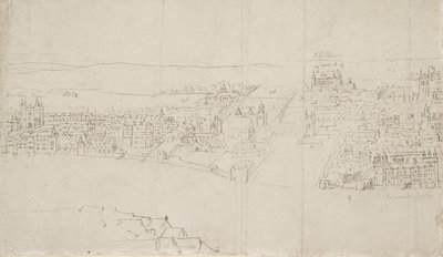 从Southwark看伦敦的全景：Durham House到Barnards Castle（笔和墨水在黑色粉笔在纸上） 作者 安东尼·范·登·温加德